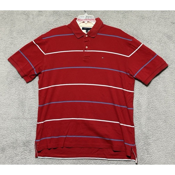 Tommy Hilfiger Polo Shirt Mens 2XL XXL Red Striped Cotton Casual Logo Preppy - Picture 1 of 11